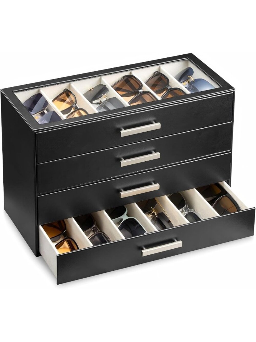 Stylish Eyeglass Storage Box with Clear Lid, PU Leather Sunglasses Organizer for